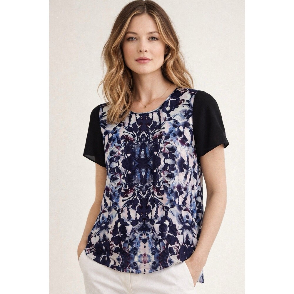 Rebecca Taylor Silk Abstract Floral Blouse Short Sleeve Sheer Sleeve Top Size 4